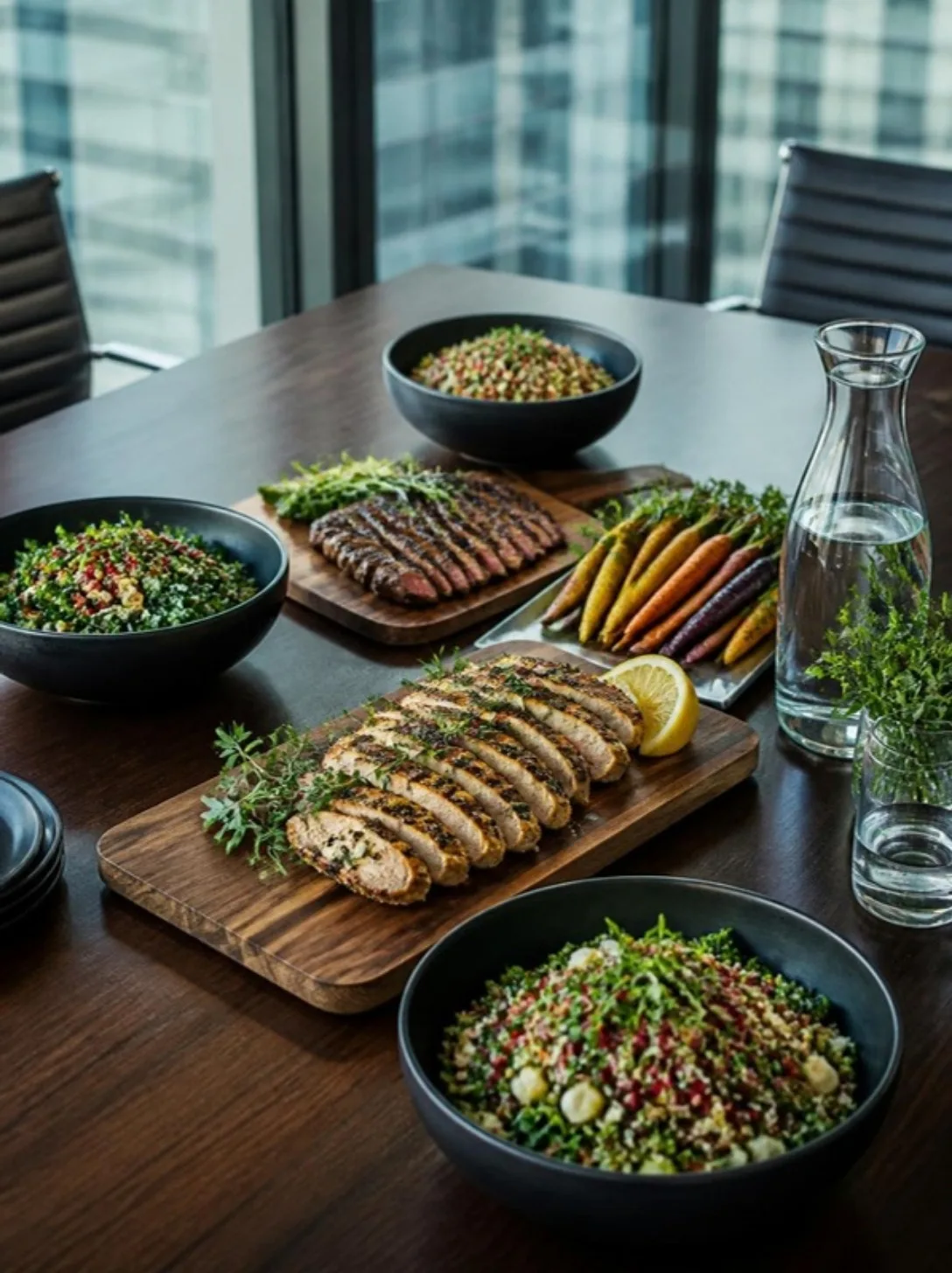 Family-style corporate lunch spread on a boardroom table