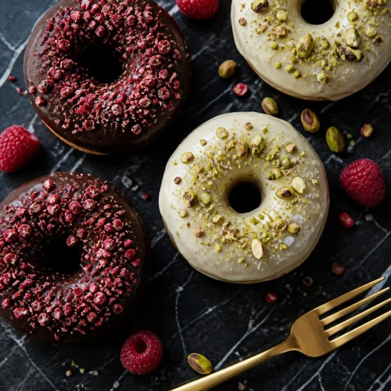 Chocolate raspberry and pistachio donuts on black marble