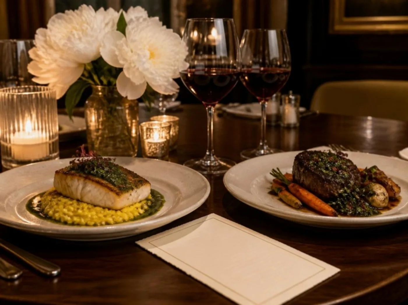 Two tasting plates with wine in a candlelit private dining room