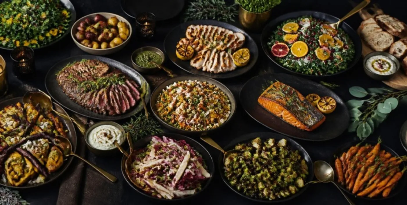 Wide family-style spread of proteins and vegetables