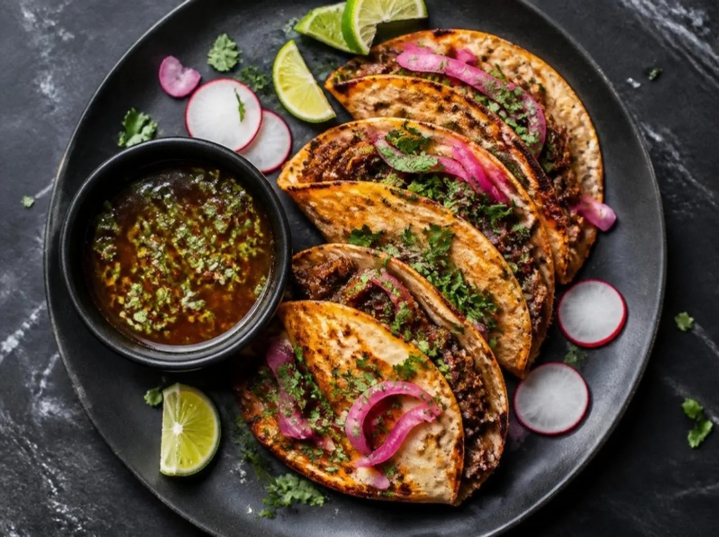 Birria tacos with consomme and pickled onion