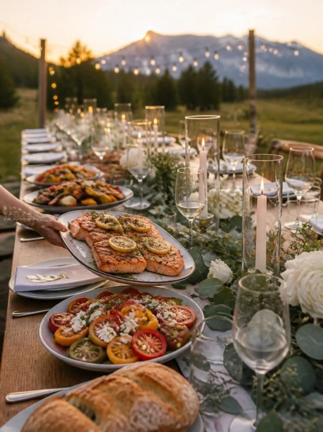 Family-style long table in a mountain meadow at golden hour