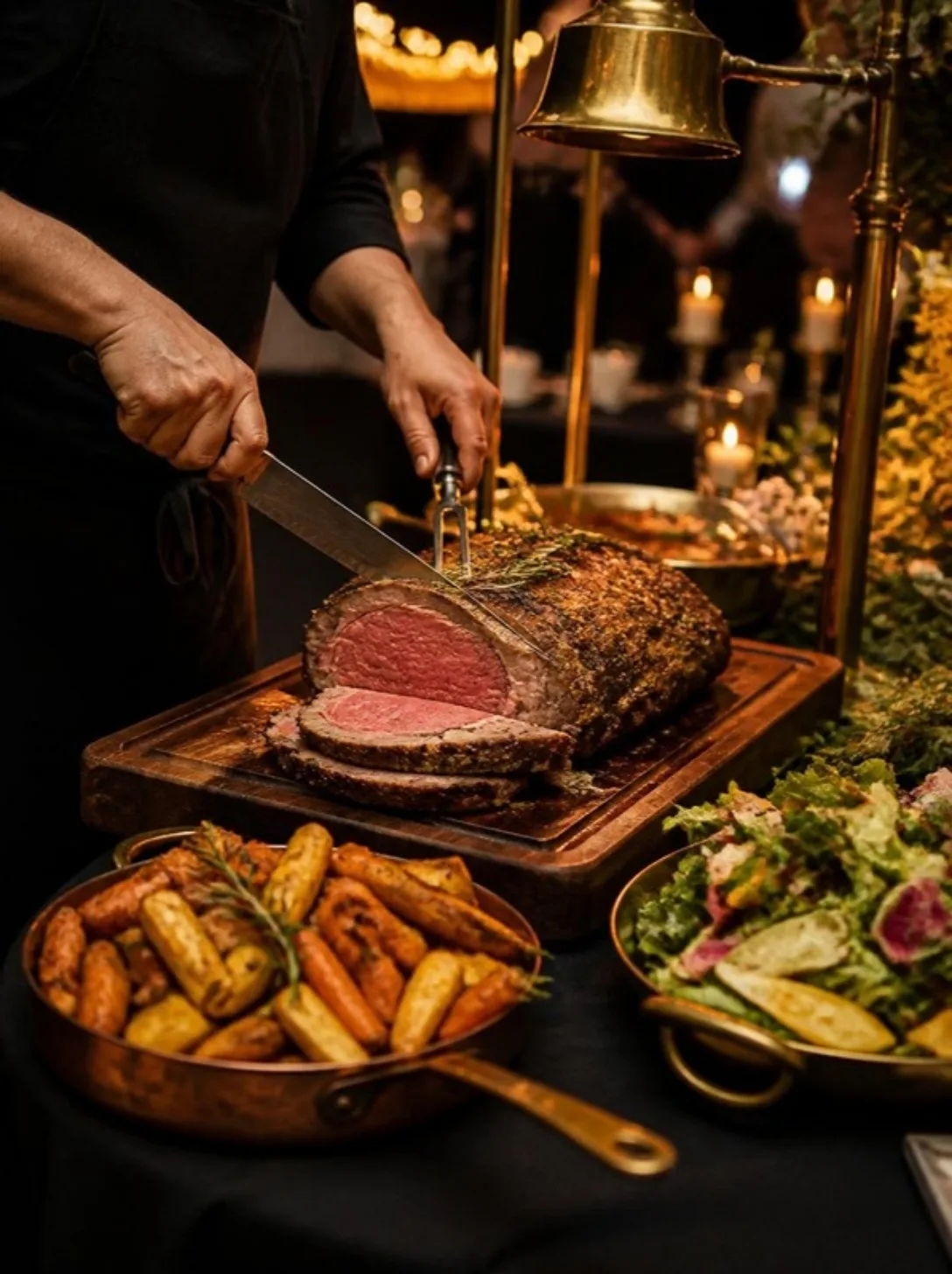 Chef carving prime rib at a candlelit wedding station