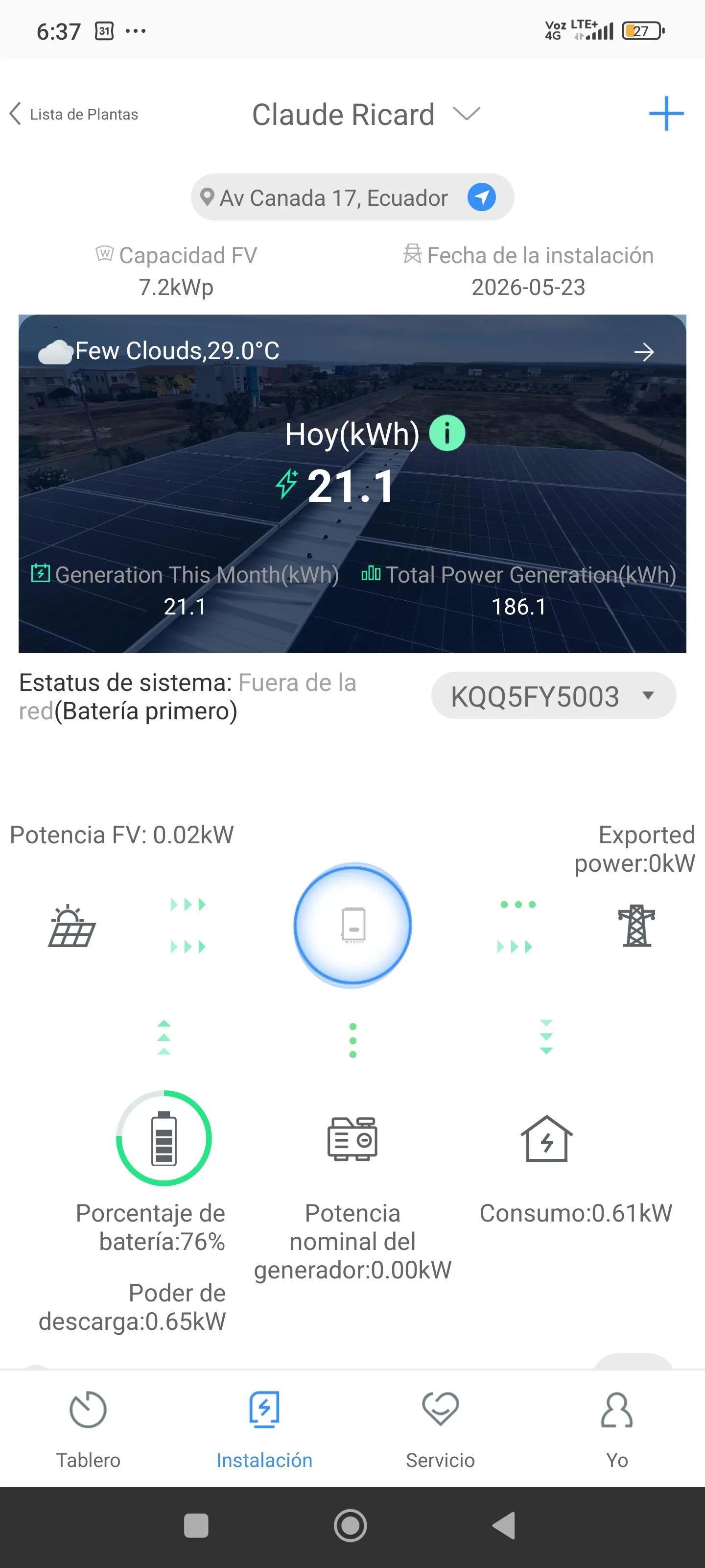 Aplicación de monitoreo mostrando la producción del sistema fotovoltaico