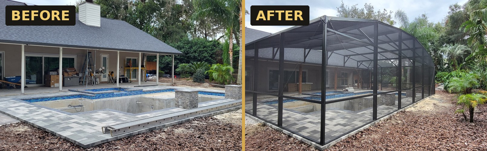 Pool enclosure before and after — Strong Tower Aluminum Construction, Central Florida