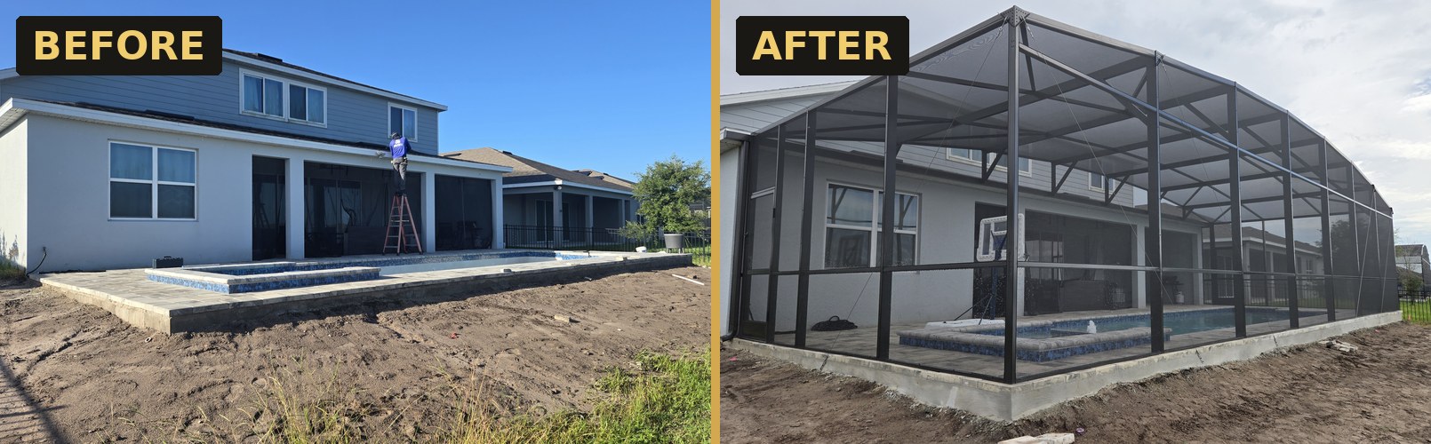 Two-story home pool enclosure before and after — Strong Tower Aluminum Construction, Central Florida