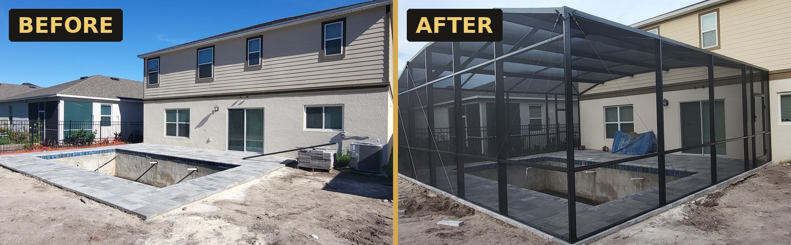 New construction pool screen enclosure before and after — Strong Tower Aluminum Construction, Central Florida