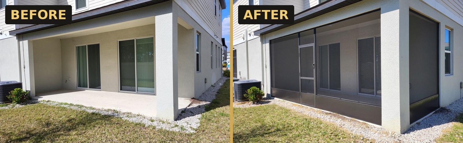 Screened-in lanai before and after — Strong Tower Aluminum Construction, Central Florida