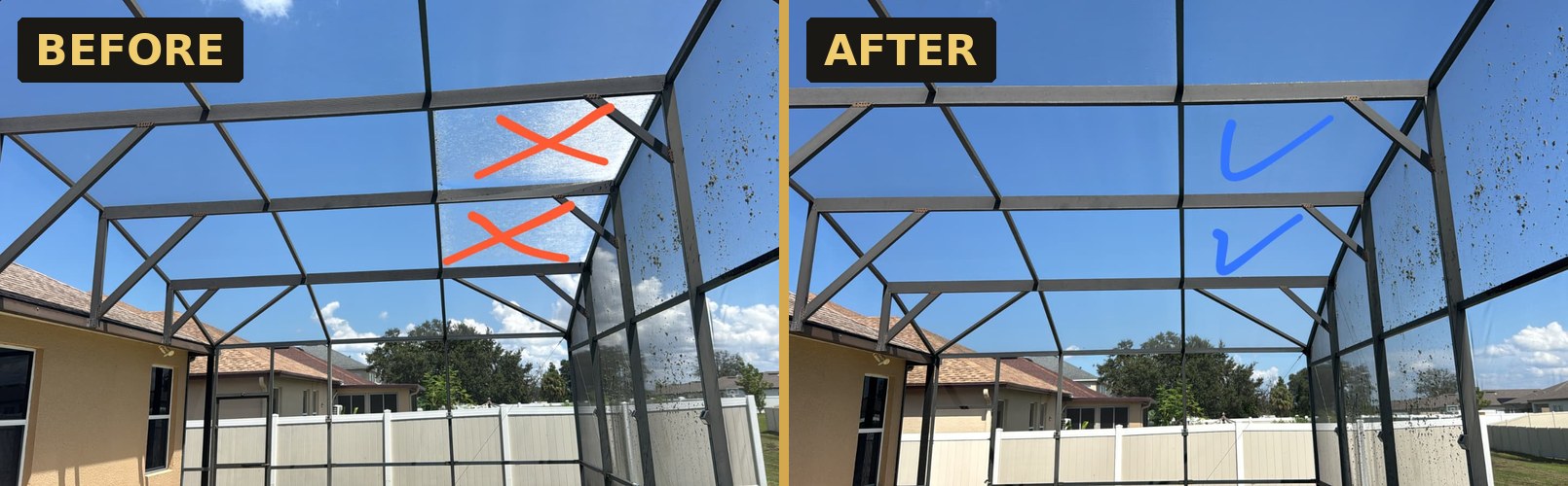 Screen Repair and Rescreen before and after — Strong Tower Aluminum Construction, Central Florida
