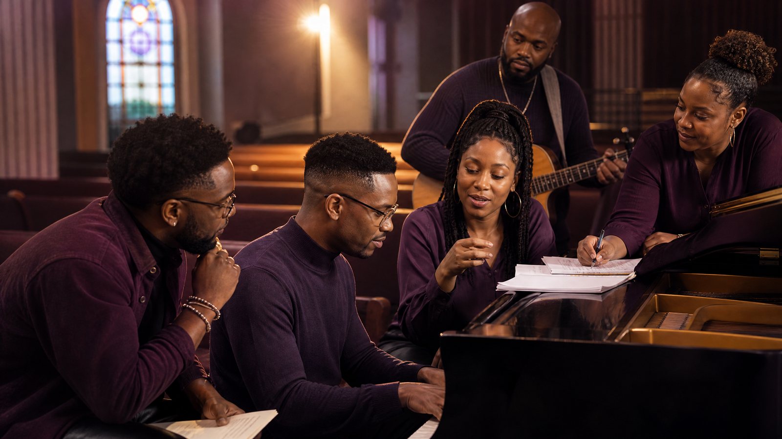 Musicians and songwriters collaborating around a piano