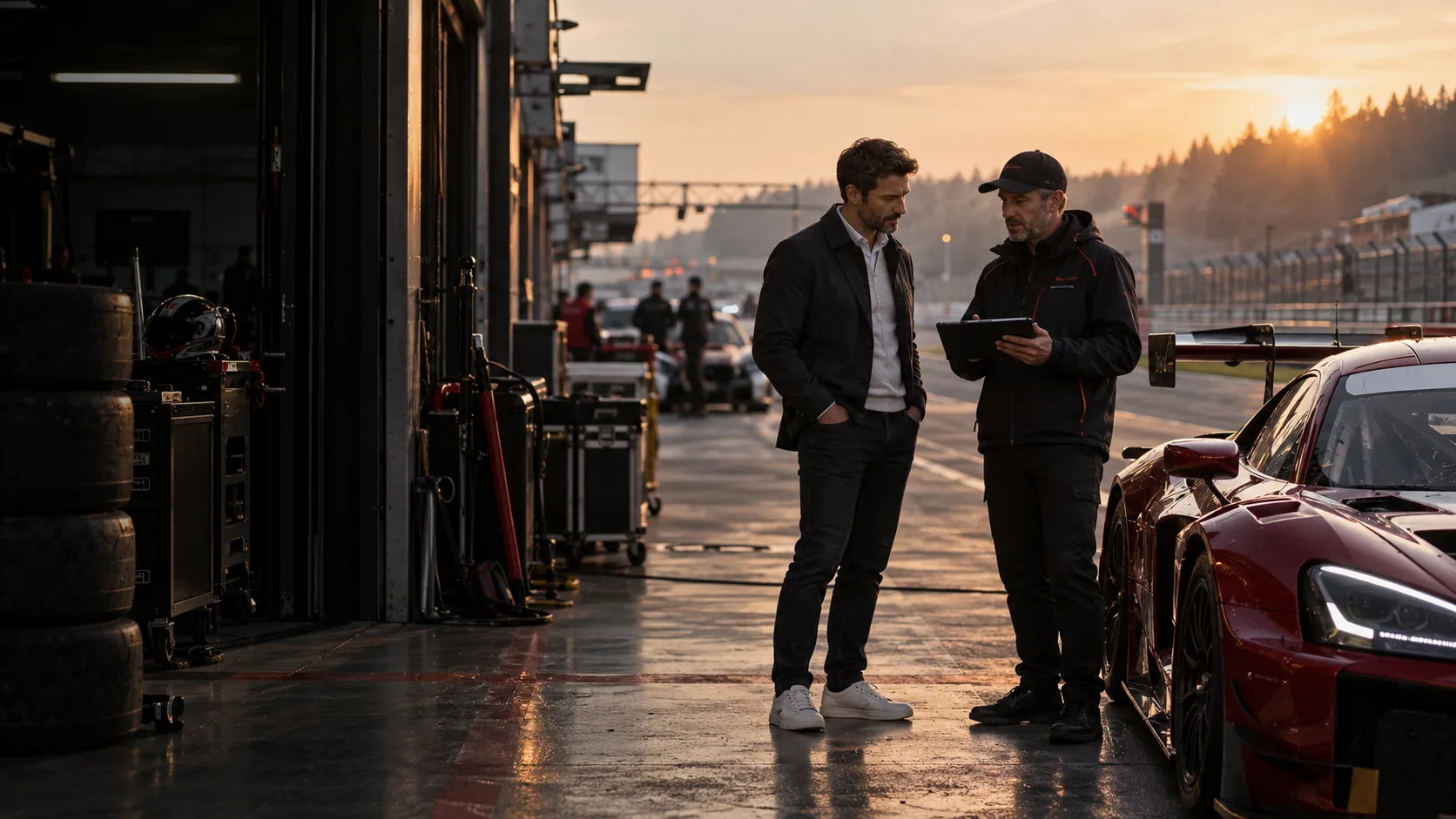 Un entrepreneur et un responsable d’équipe dans un paddock de sport motorisé