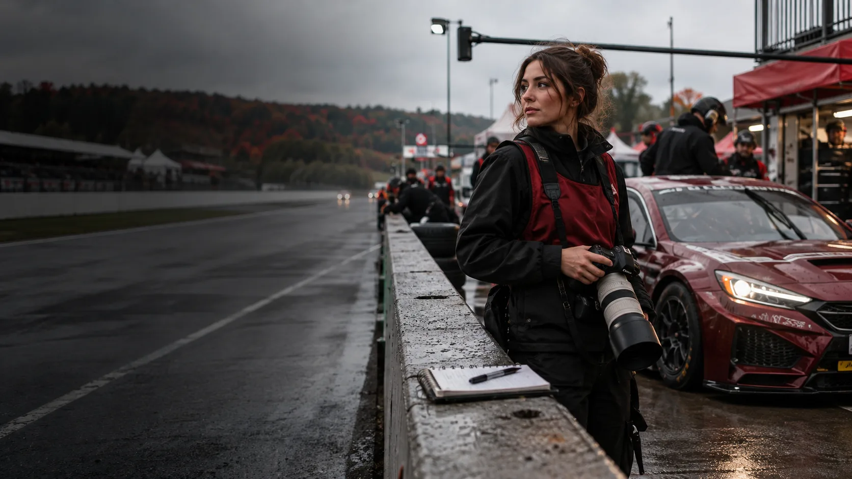 Photographe de sport motorisé près d’une voiture de course