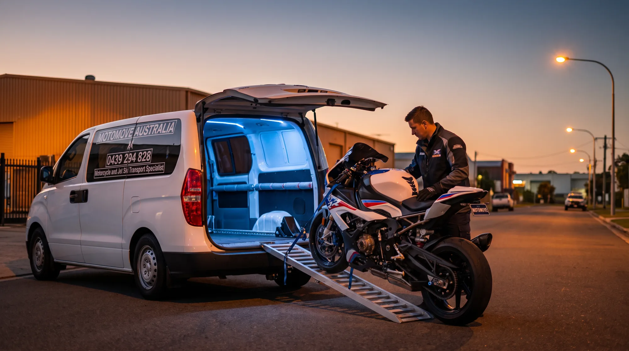 Loading a BMW S1000RR up the ramp into the MotoMove Australia van at dusk