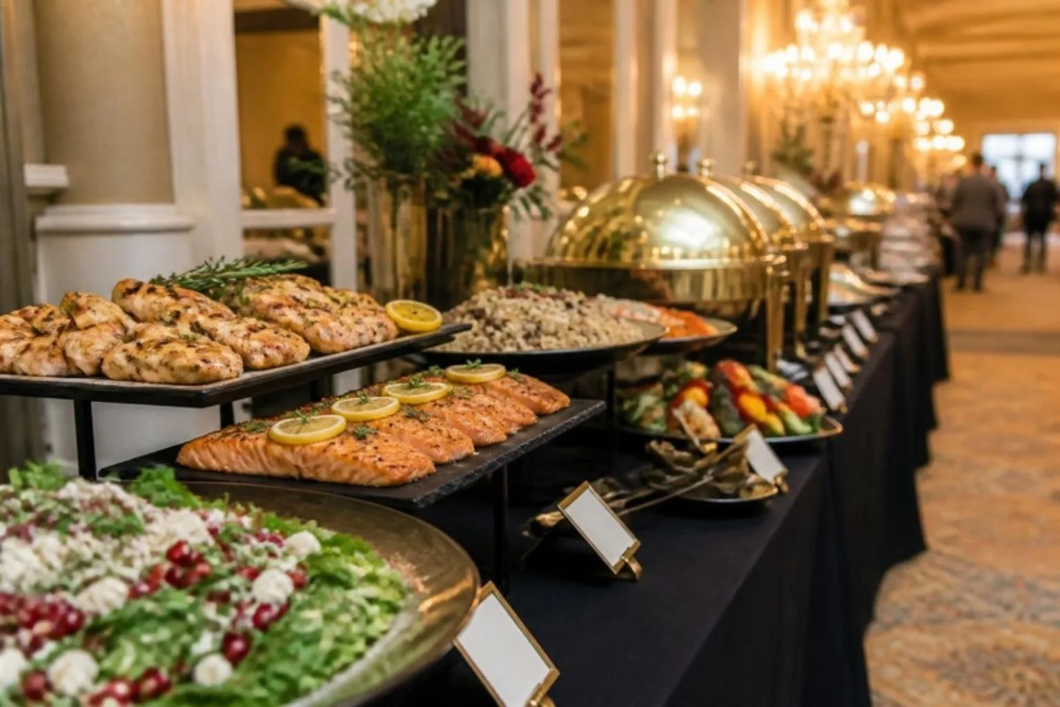 Long buffet in a hotel ballroom foyer for a multi-day conference