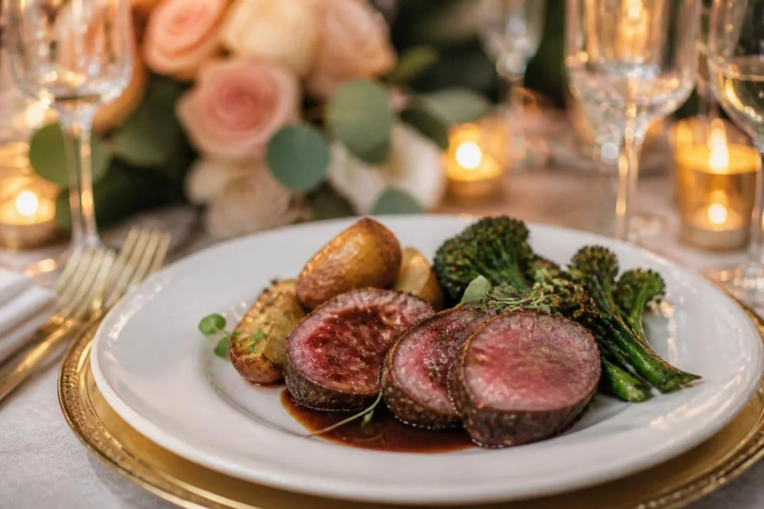 Plated wedding main course on ivory linen with candlelight and garden roses