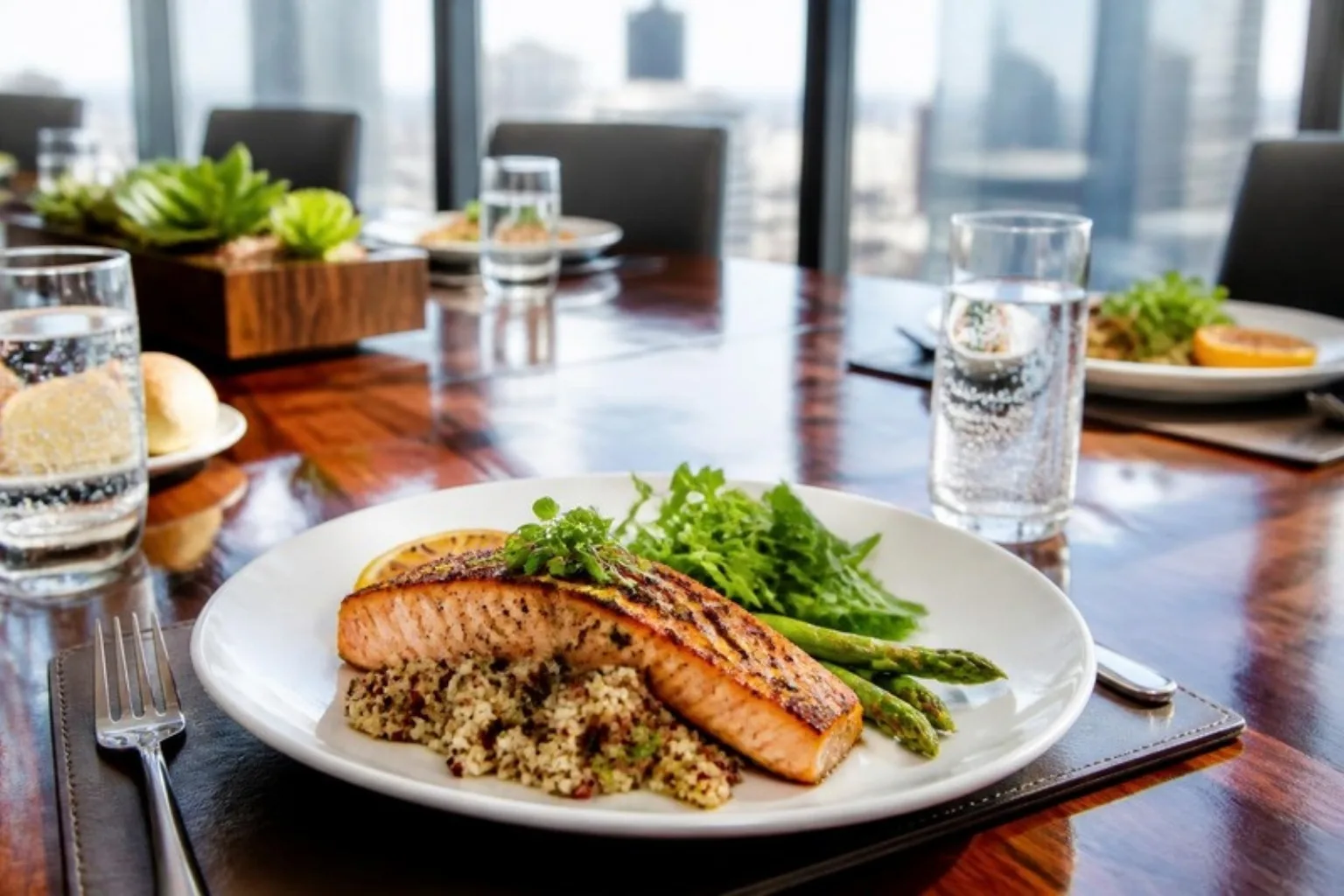 Individually plated executive lunch on a boardroom table