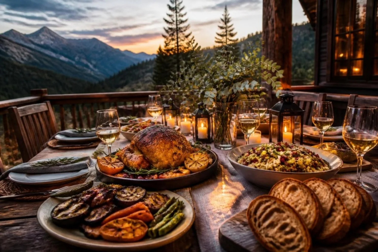 Long dinner table on a mountain lodge deck at dusk