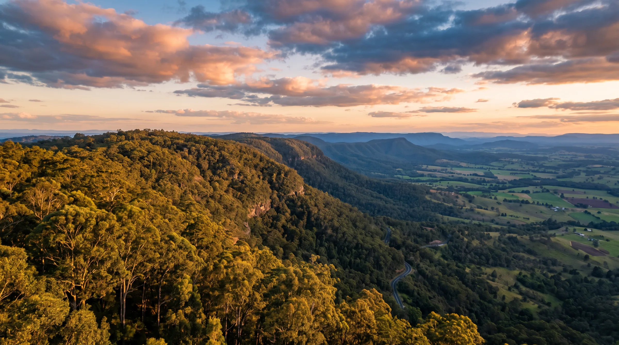 Sunset over the Toowoomba range and the valley below