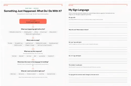 A flowchart spread, and a page to record your own sign language