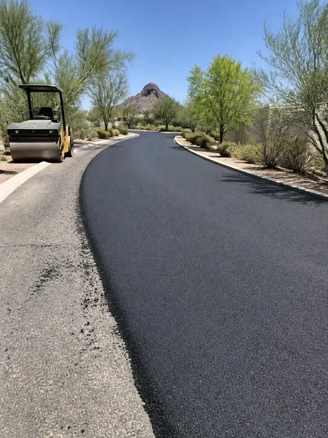 Newly paved black asphalt road with a steel drum roller parked on the side in Scottsdale, AZ.