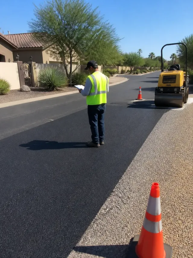 Technician inspecting freshly sealed asphalt on a residential street in Scottsdale, AZ.