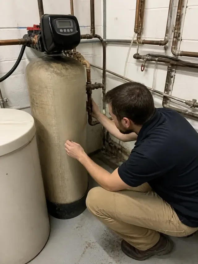 Technician inspecting an industrial water softener system in a utility room in Mesa, AZ.