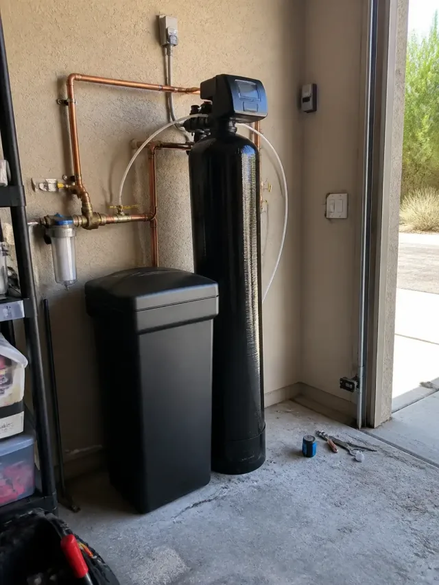 Newly installed black water softener system with copper piping in a Mesa, AZ garage.