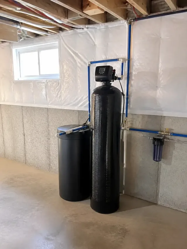 Water filtration system with blue and white plumbing pipes installed in a residential basement in Mesa, AZ.
