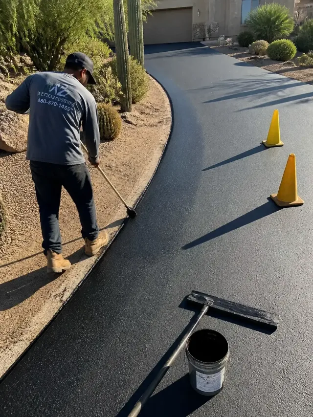 Technician applying black asphalt sealer to a residential driveway in Scottsdale, AZ.
