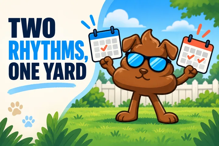Purge Pros mascot holding calendars for weekly and twice-weekly yard cleanup, with the words Two rhythms, one yard.