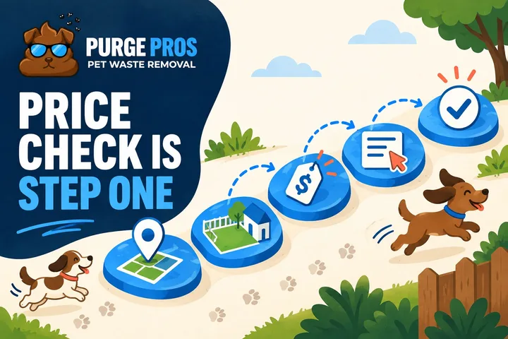 Purge Pros guide shows ZIP, yard plan, price, request and confirmation icons along a blue path, with two illustrated dogs.
