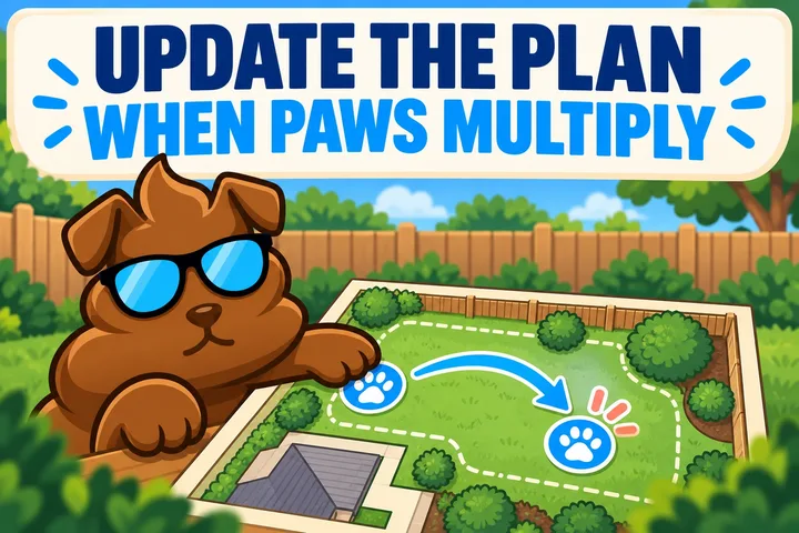 Illustrated plan card expanding from one paw to two paw markers on a yard map, updated by a faithful brown Purge Pros character.