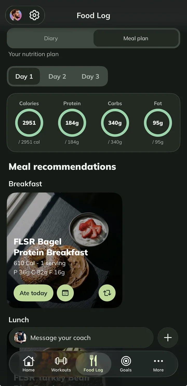 Meal plan screen in the FORMA coaching app