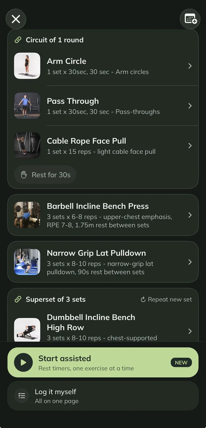 Workout screen in the FORMA coaching app
