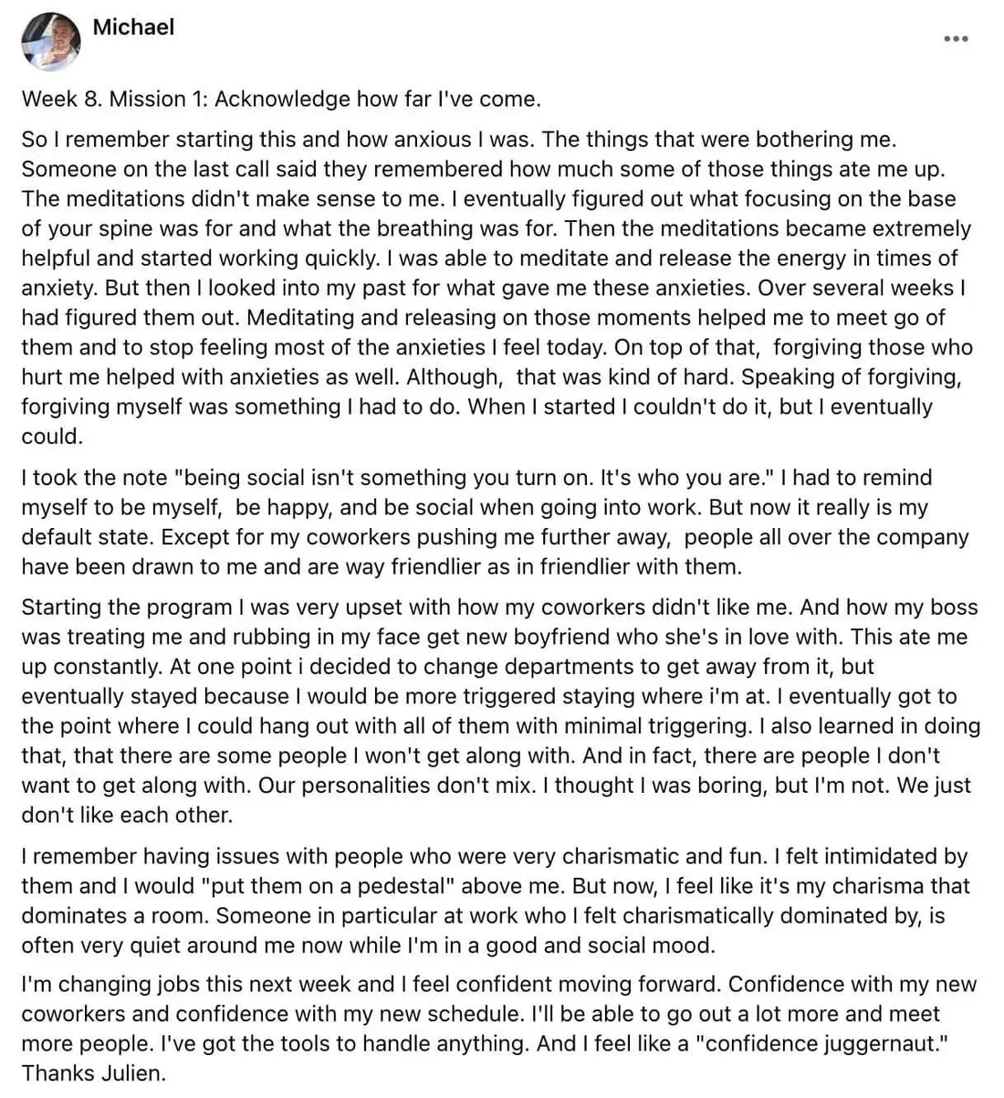 Written client review 72 — Transformation Mastery Mentoring 2.0.