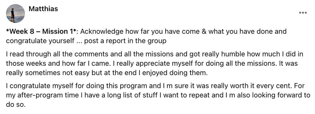 Written client review 159 — Transformation Mastery Mentoring 2.0.