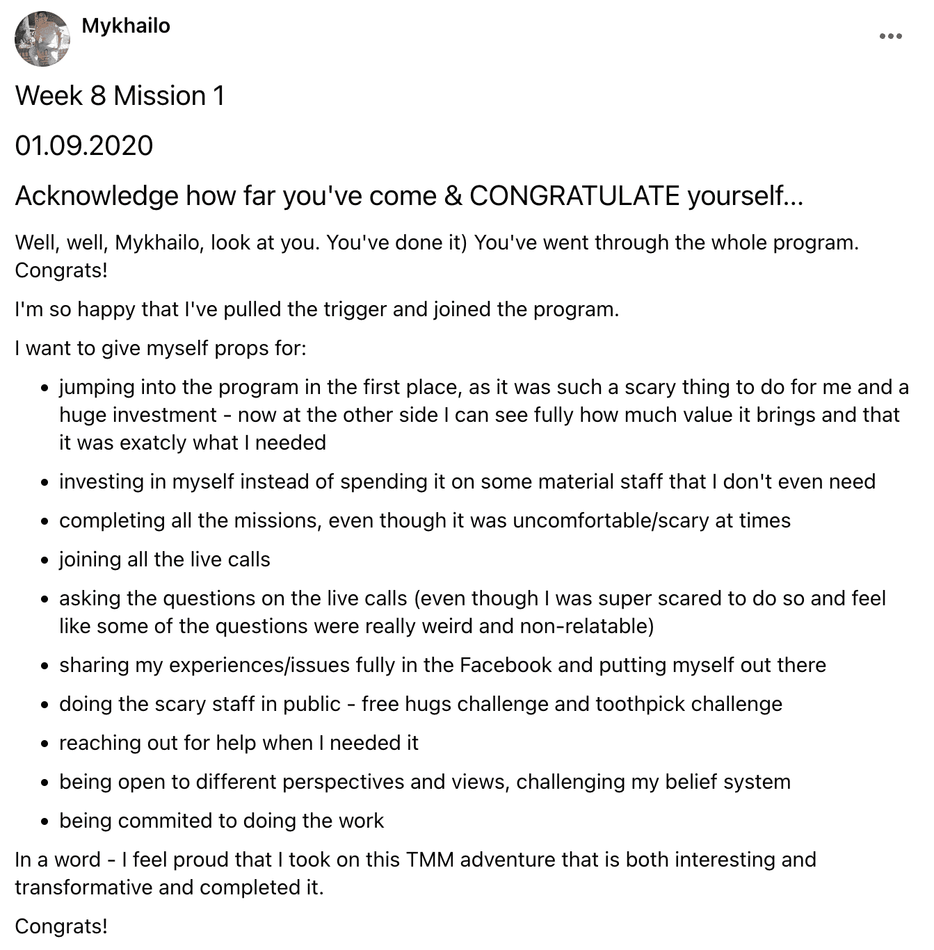 Written client review 142 — Transformation Mastery Mentoring 2.0.