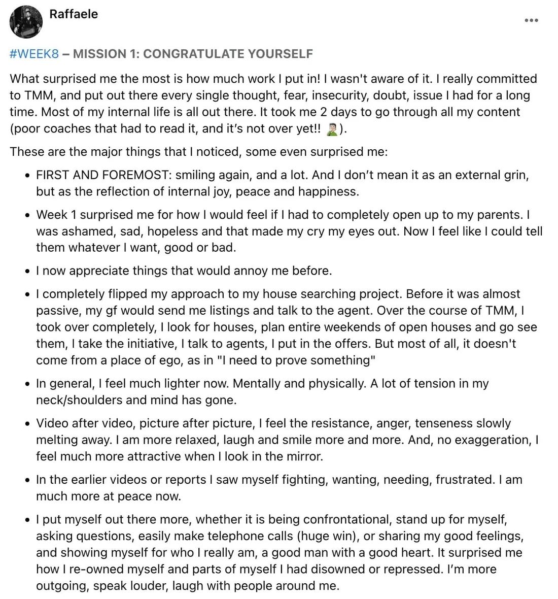 Raffaele's written review — Transformation Mastery Mentoring 2.0.