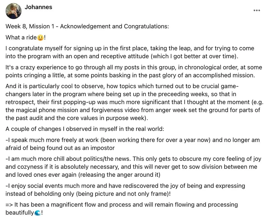 Johannes's written review — Transformation Mastery Mentoring 2.0.