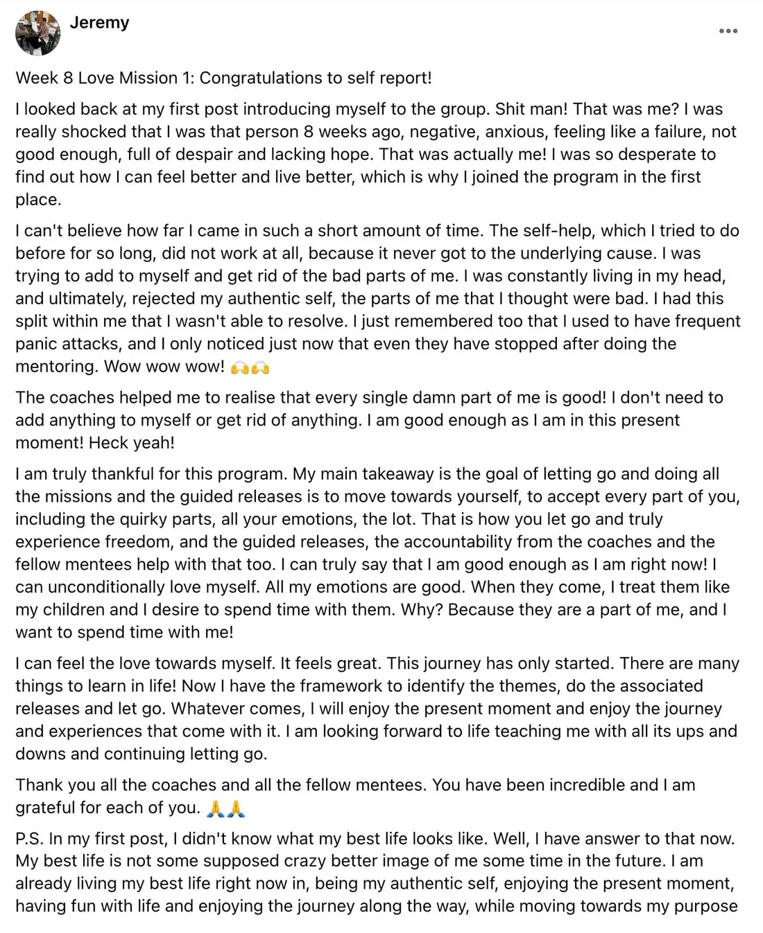 Jeremy's written review — Transformation Mastery Mentoring 2.0.