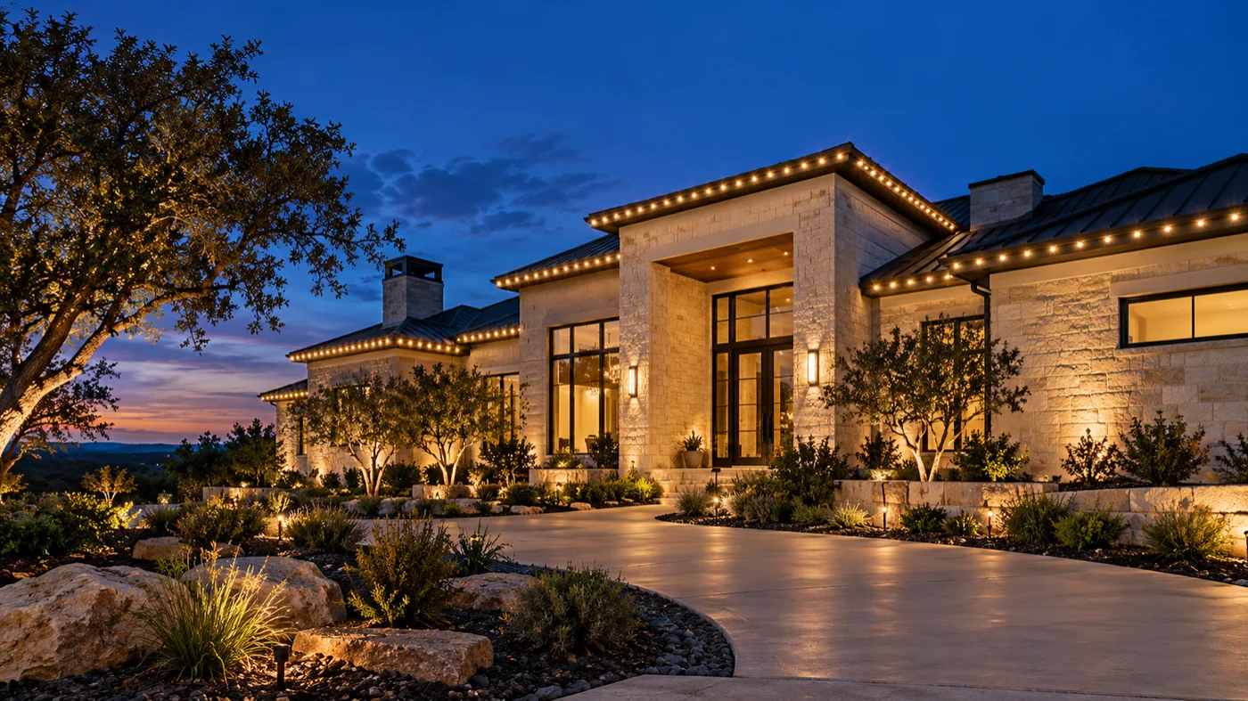 Architectural outdoor lighting on a luxury San Antonio home