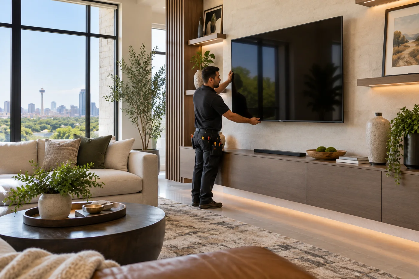 Professional wall-mounted installation in a luxury San Antonio living room