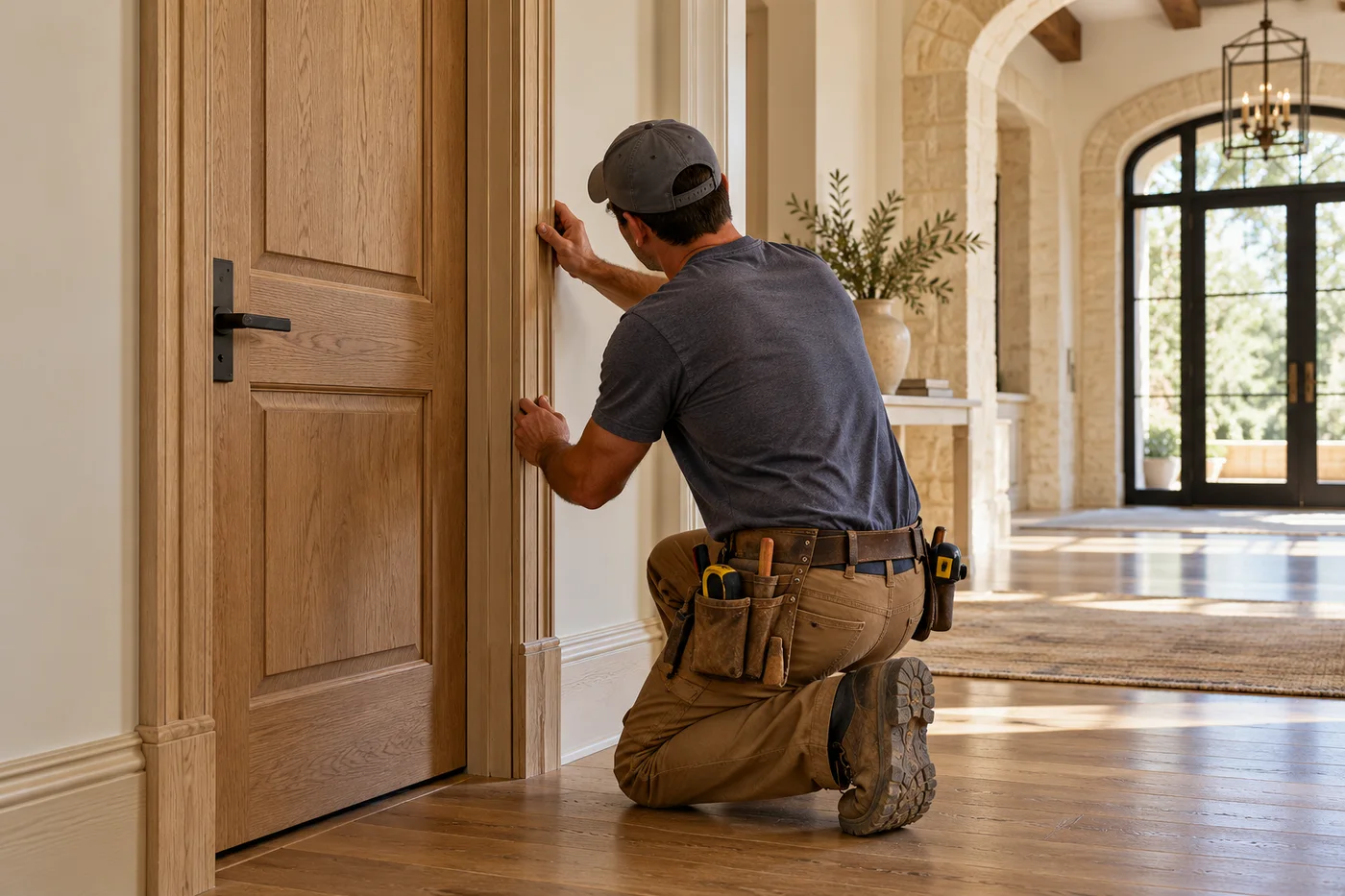 Finish carpenter installing trim in an upscale San Antonio home