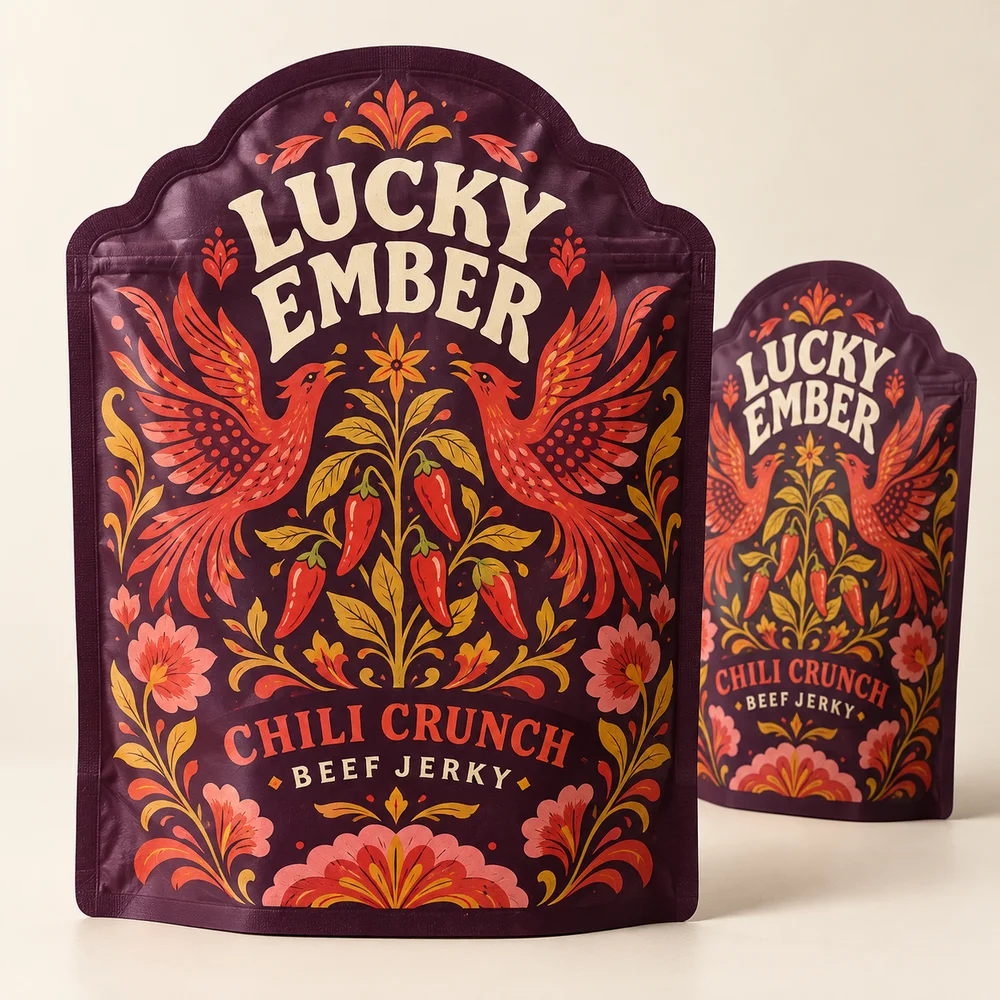 Custom Die-Cut Jerky Pouches illustrated packaging concept