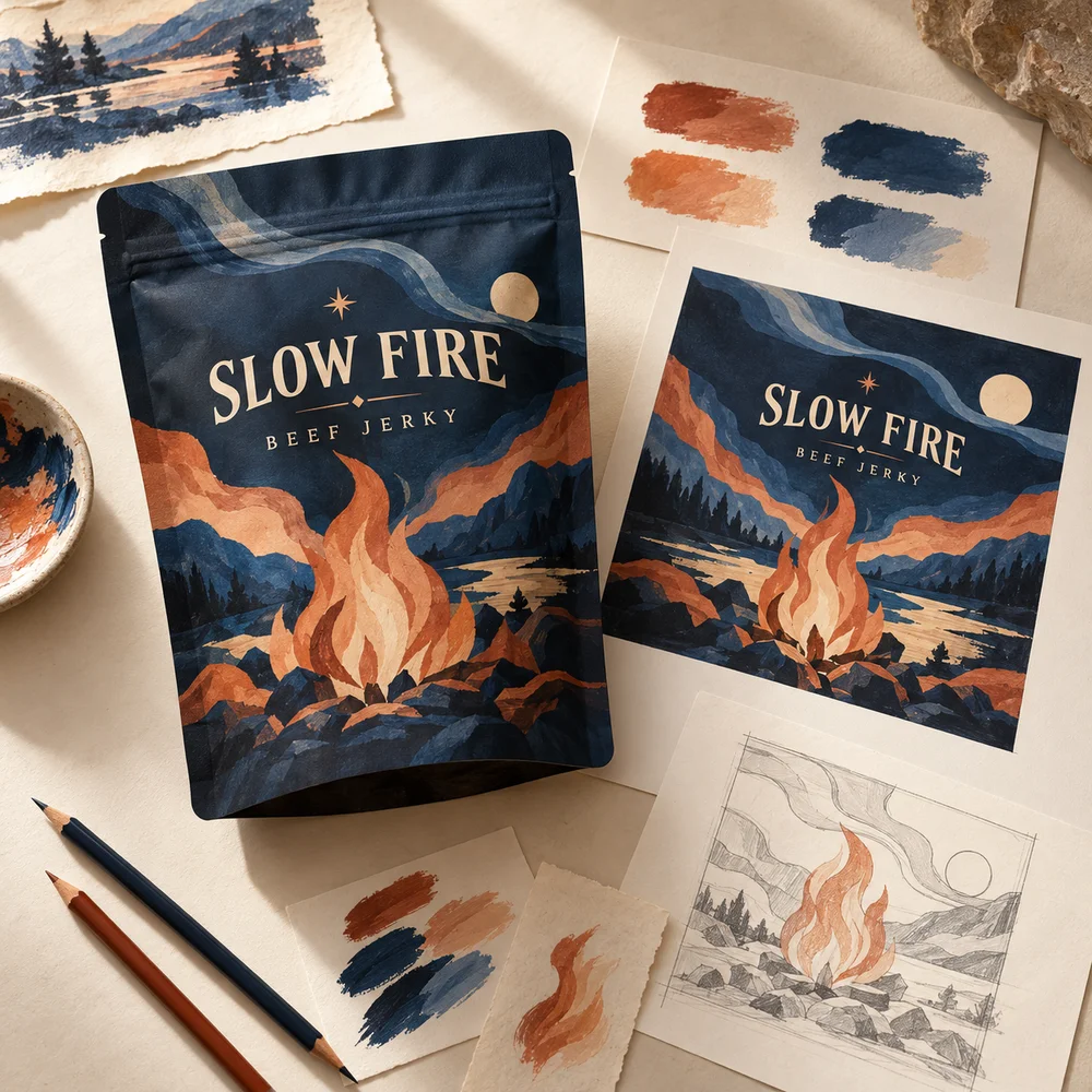 Get your jerky artwork ready to print. illustrated packaging concept