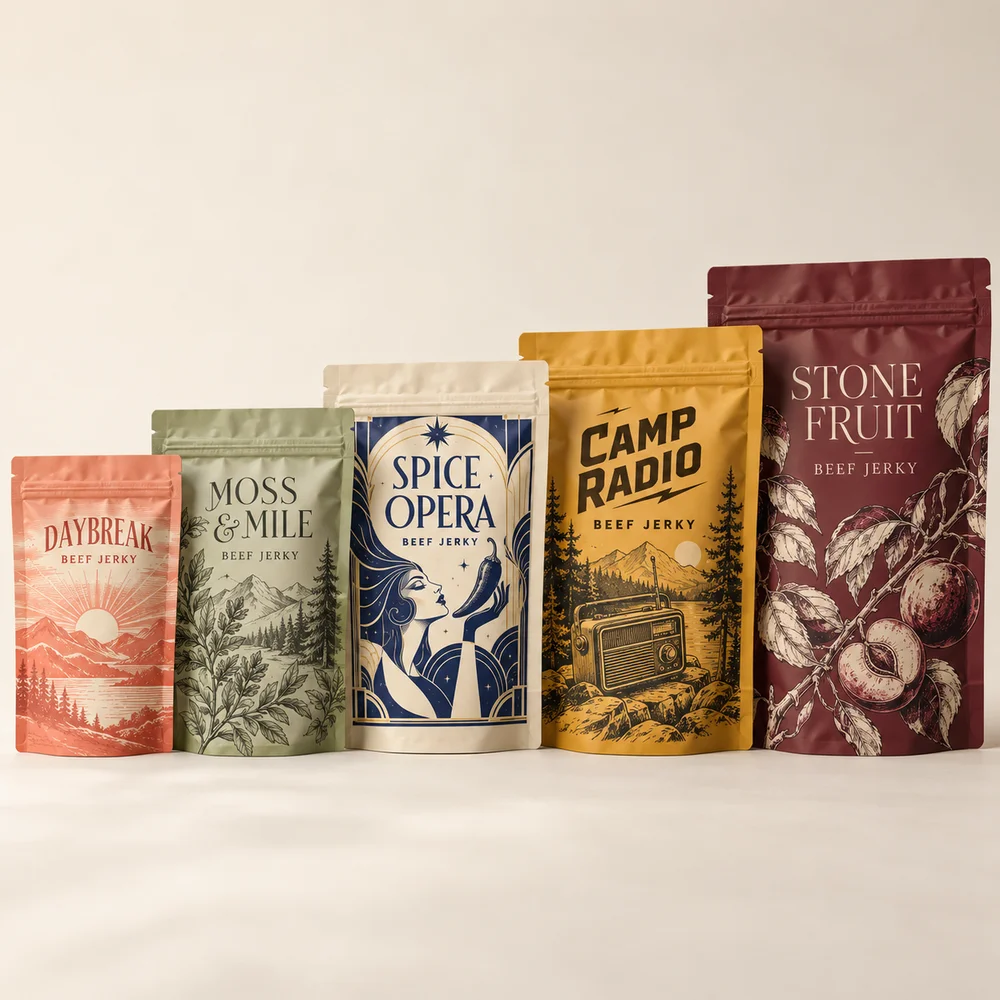 Find your jerky bag size. illustrated packaging concept