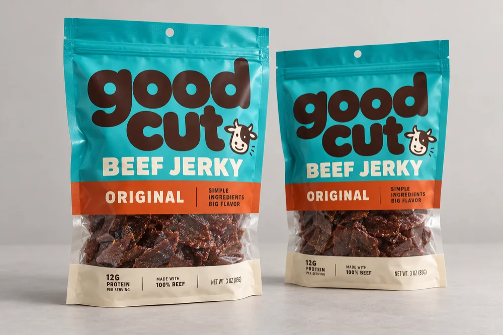 Good Cut original retail jerky packaging concept with clear product and flavor branding