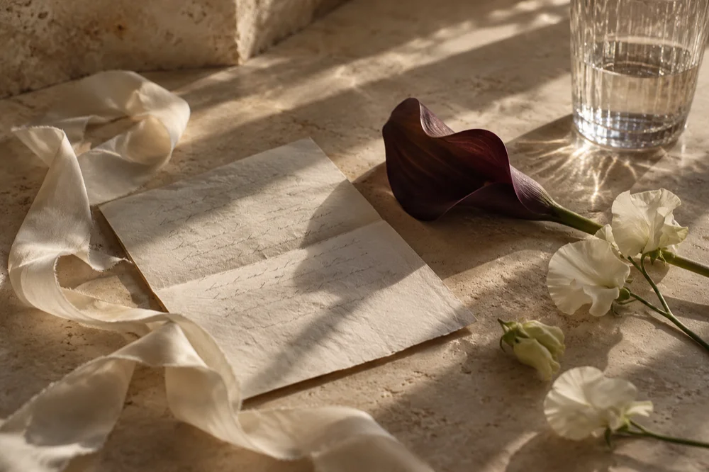 Editorial still life of a handwritten letter, silk ribbon, and flowers