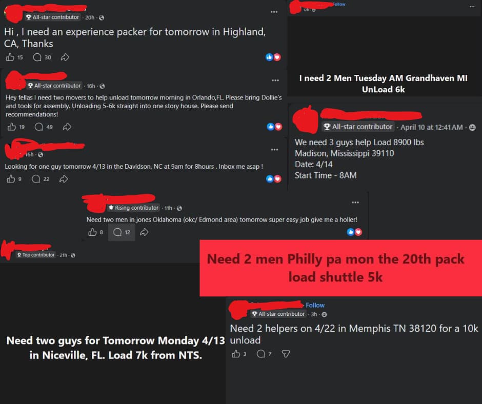 Real Facebook group posts recruiting untrained moving labour the night before a job