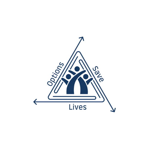 blue logo triangle with arrows leading away from it with the words options save lives on the three sides and three people in the center
